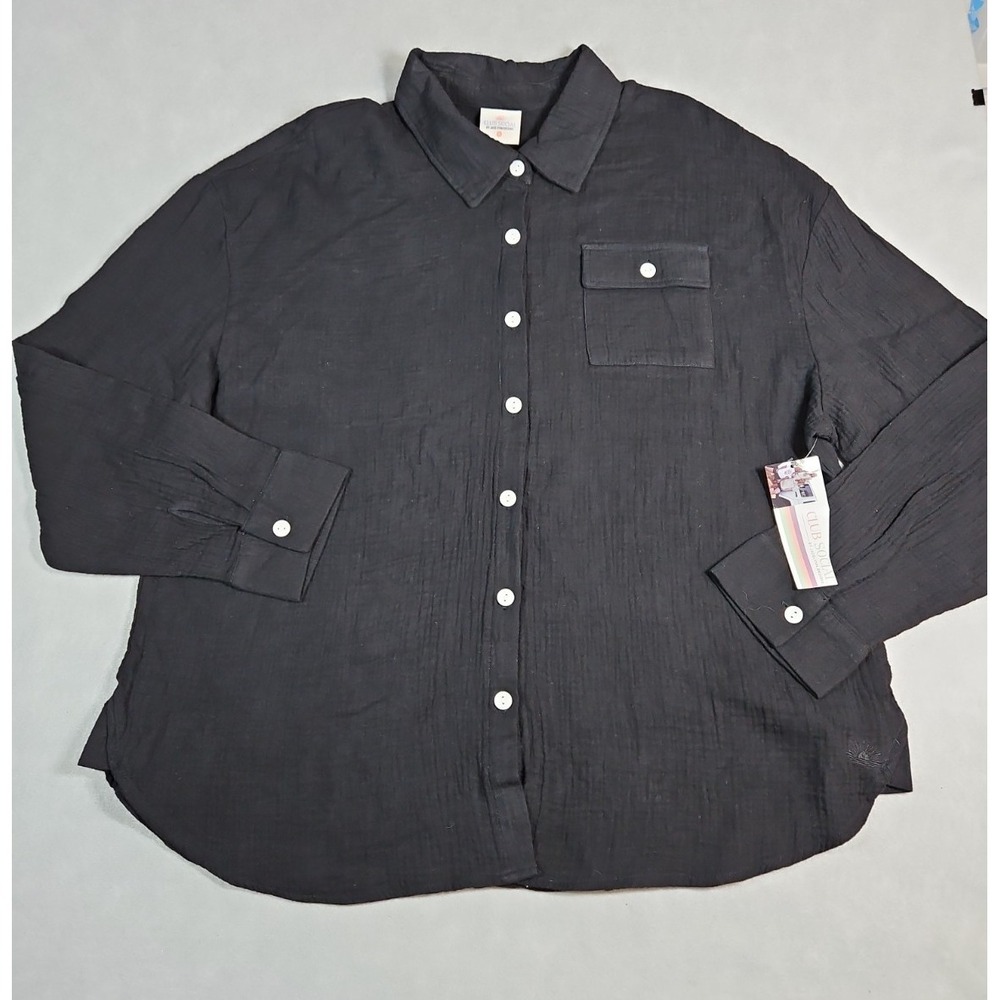 Club Social Womens Black Gauze Button Up Long Sleeve Cotton Shirt Size XL NWT